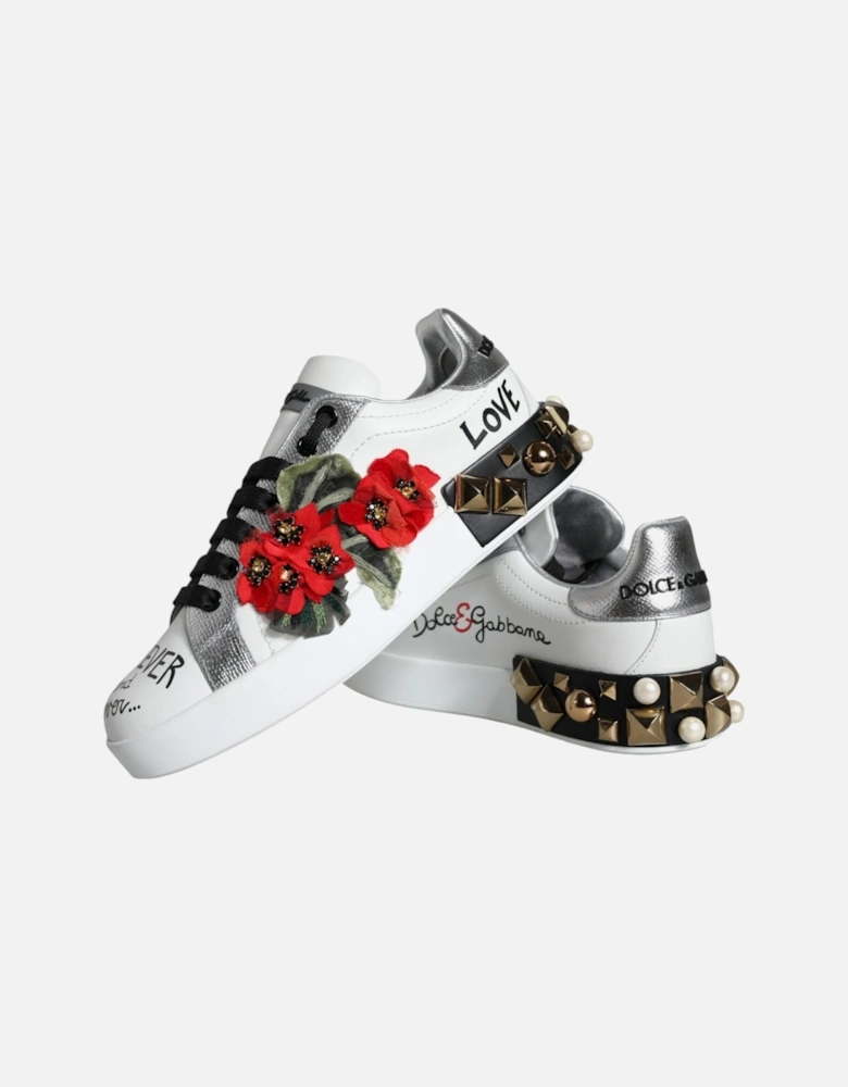 White Leather Floral Studded Sneakers Shoes Women