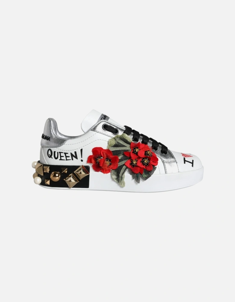 White Leather Floral Studded Sneakers Shoes Women