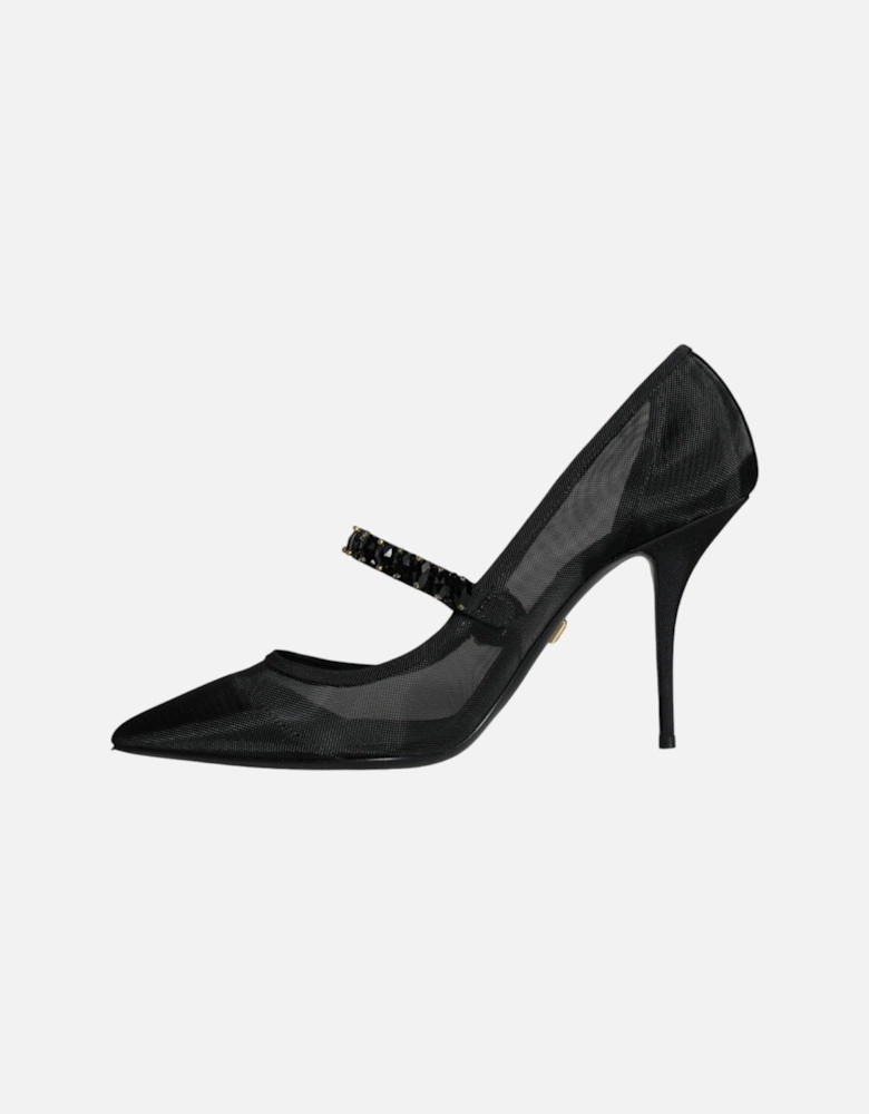 Black Mesh Mary Jane Crystal Heel Pumps Shoes Women