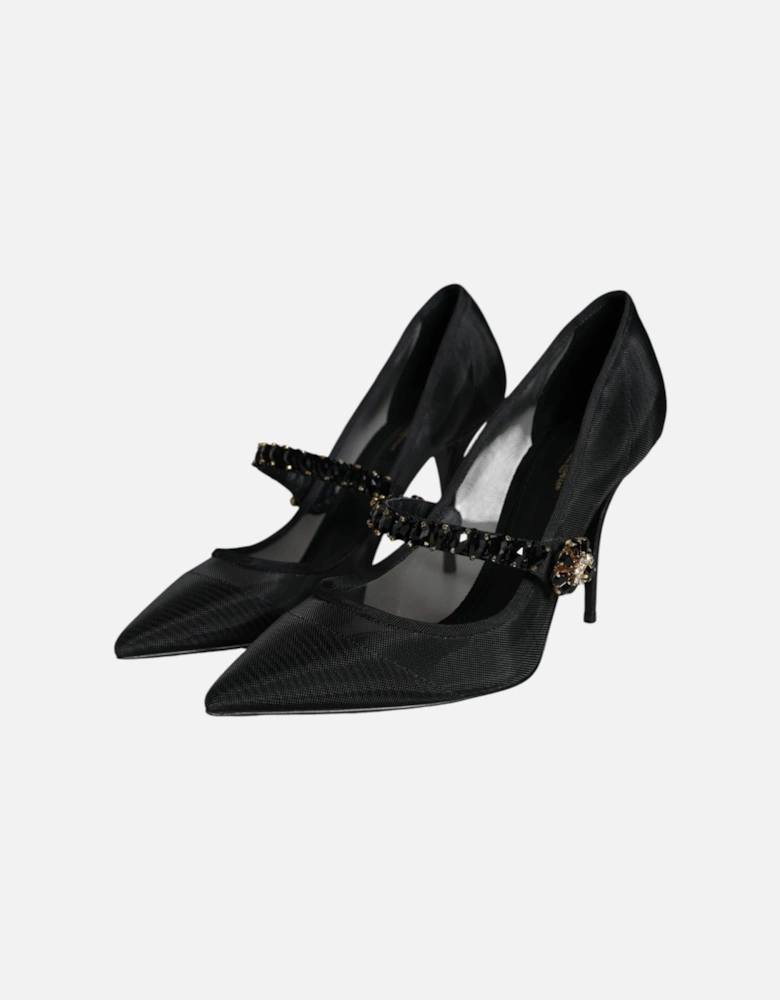 Black Mesh Mary Jane Crystal Heel Pumps Shoes Women