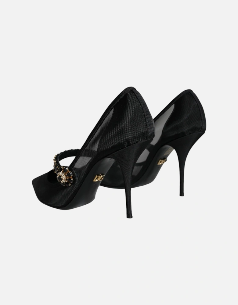 Black Mesh Mary Jane Crystal Heel Pumps Shoes Women