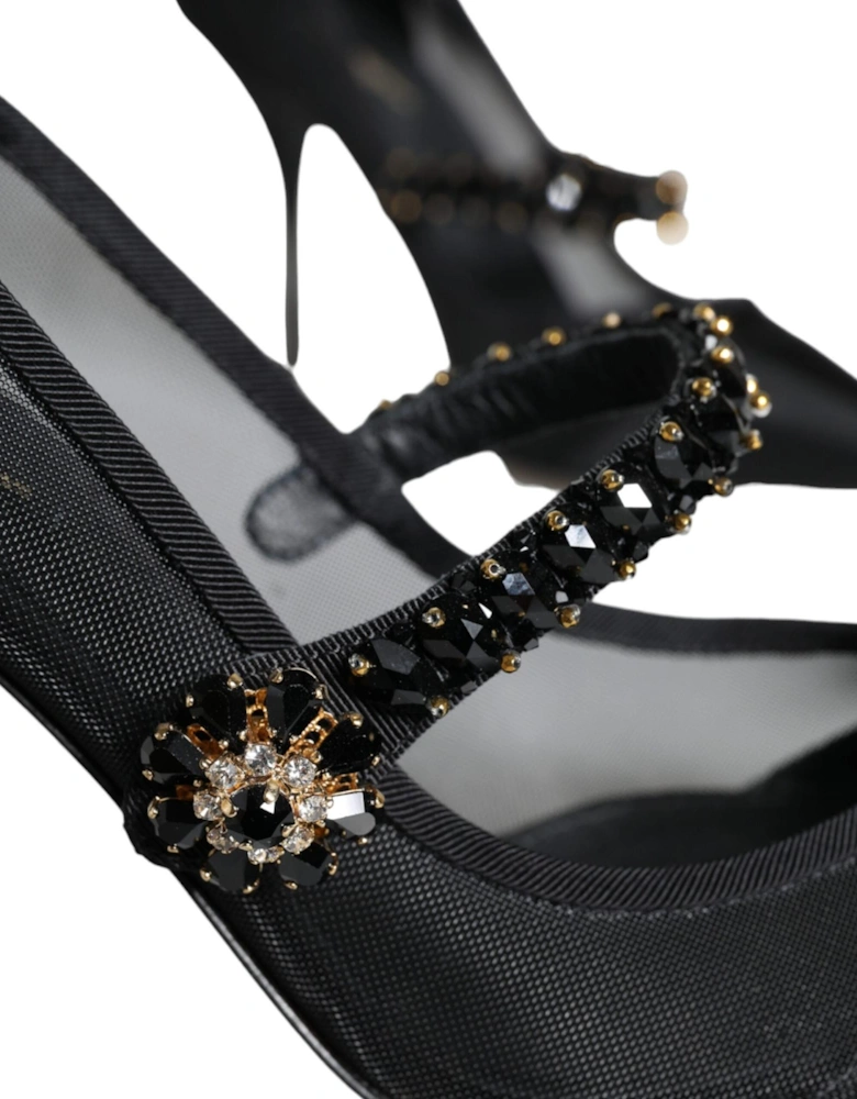 Black Mesh Mary Jane Crystal Heel Pumps Shoes Women