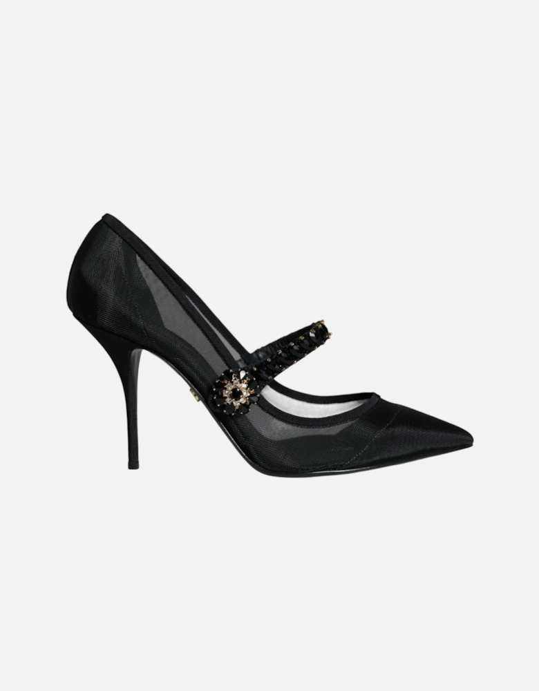 Black Mesh Mary Jane Crystal Heel Pumps Shoes Women