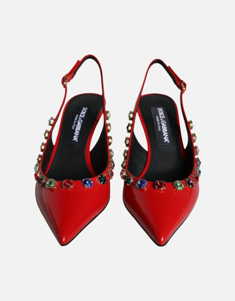 Red Leather Crystal Heels Slingback Shoes Women Sandals