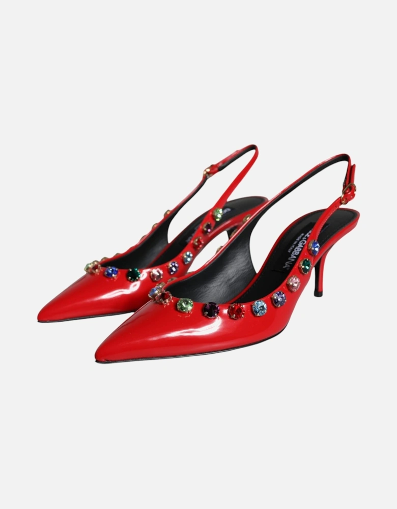 Red Leather Crystal Heels Slingback Shoes Women Sandals