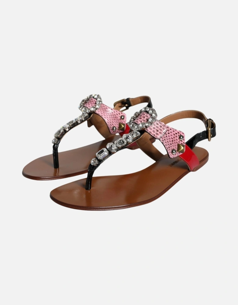 Embellished Leather Slide Sandals with Buckle Women - Multicolor Flats