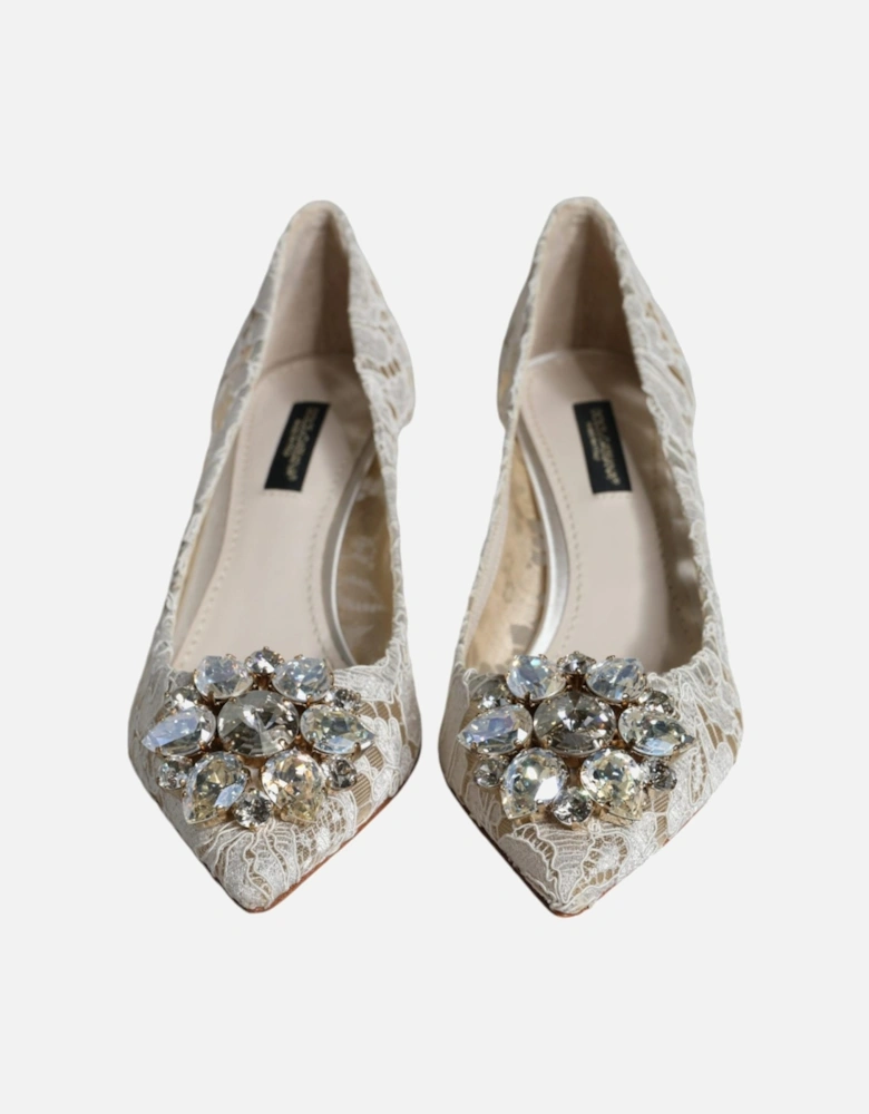 White Taormina Lace Crystal Heel Pumps Shoes Women