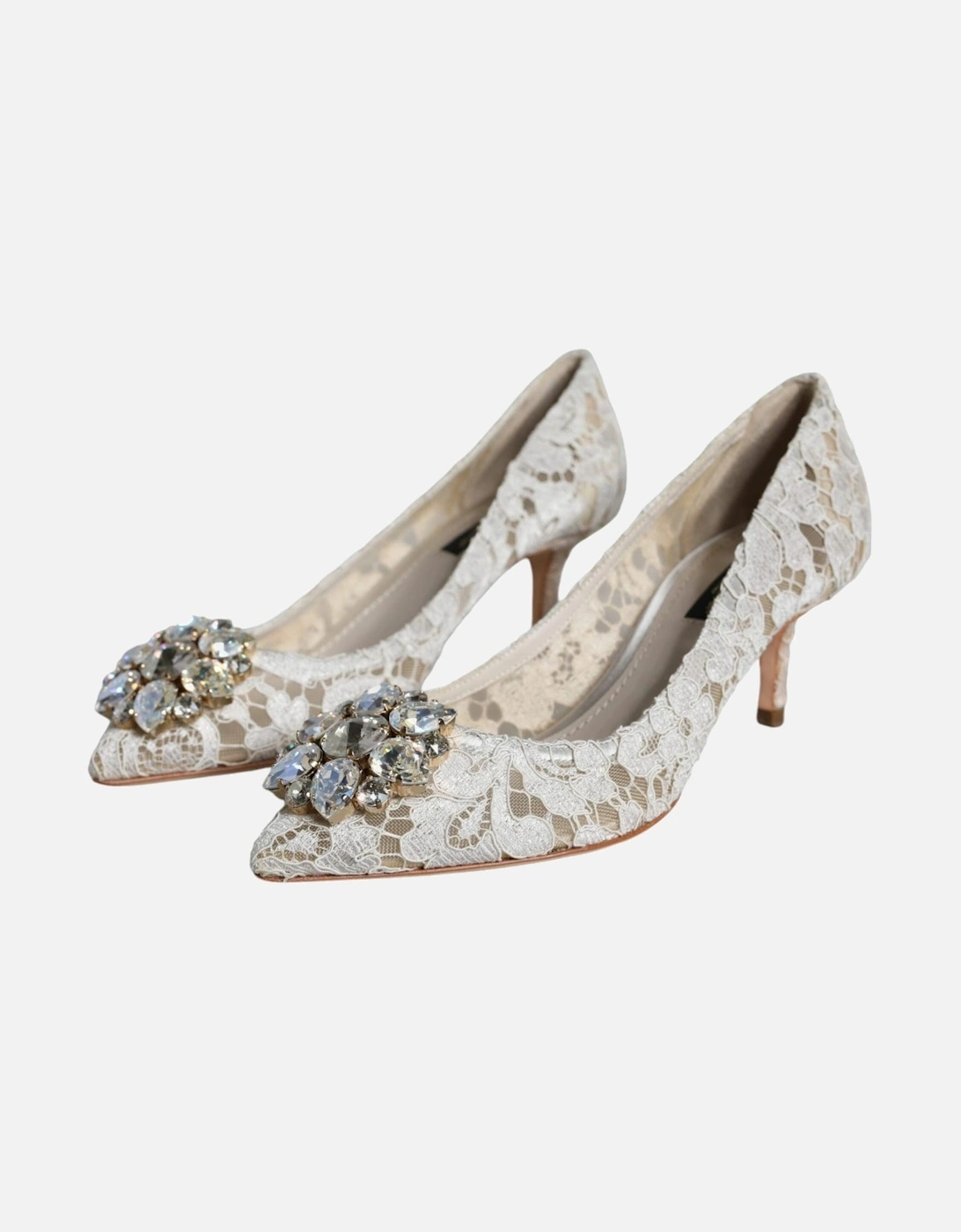 White Taormina Lace Crystal Heel Pumps Shoes Women