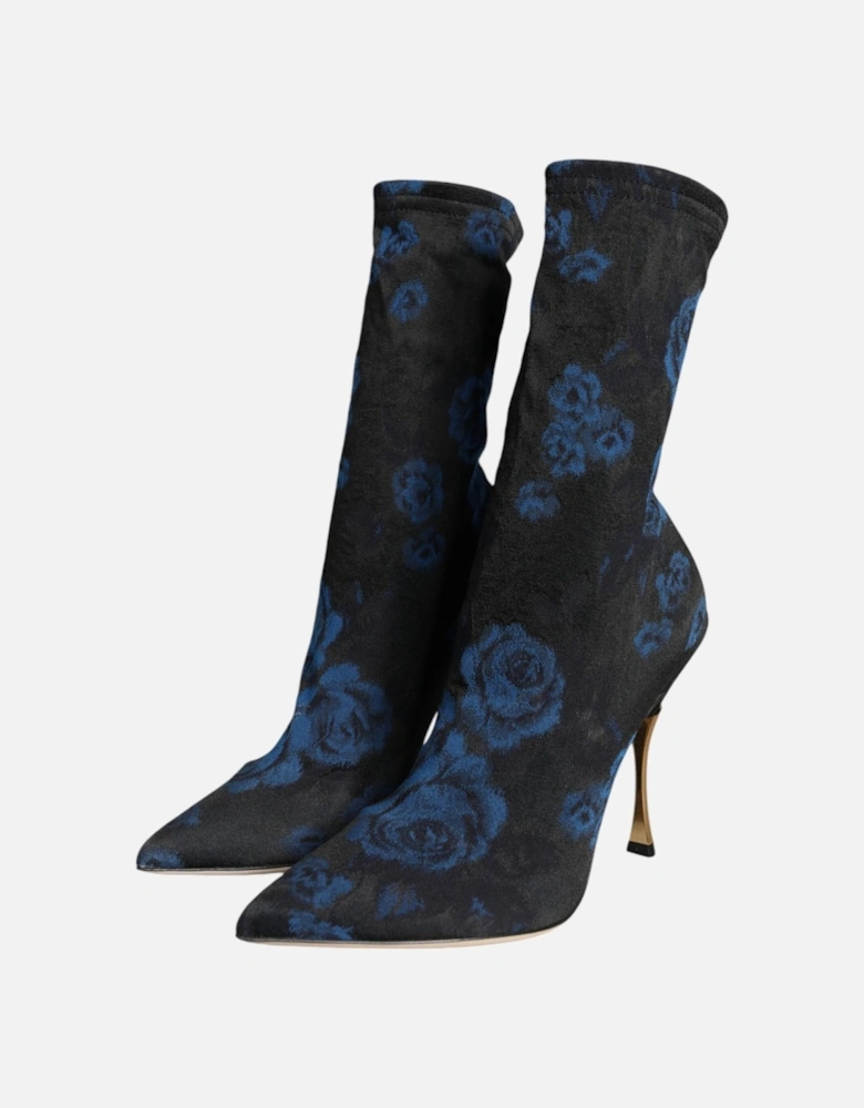 Floral Print Mid Calf Stiletto Boots Women - Black And Blue