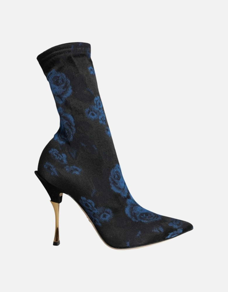 Floral Print Mid Calf Stiletto Boots Women - Black And Blue