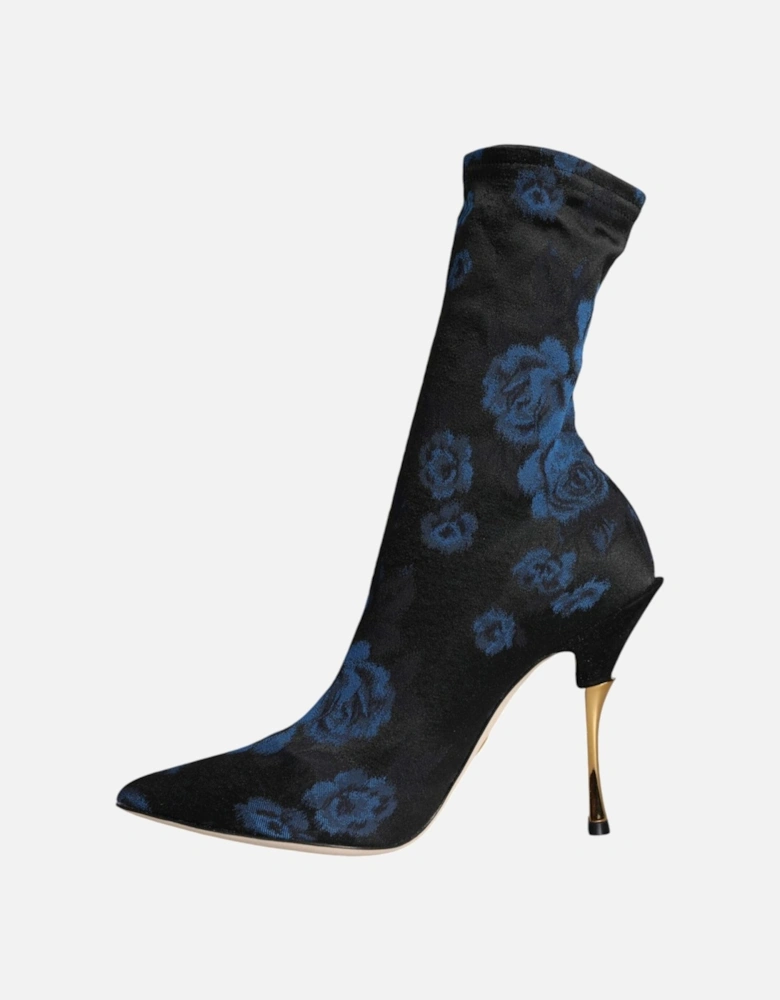 Floral Print Mid Calf Stiletto Boots Women - Black And Blue