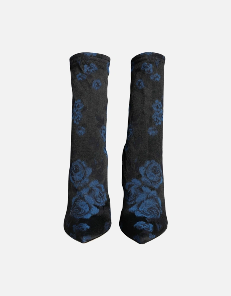 Floral Print Mid Calf Stiletto Boots Women - Black And Blue