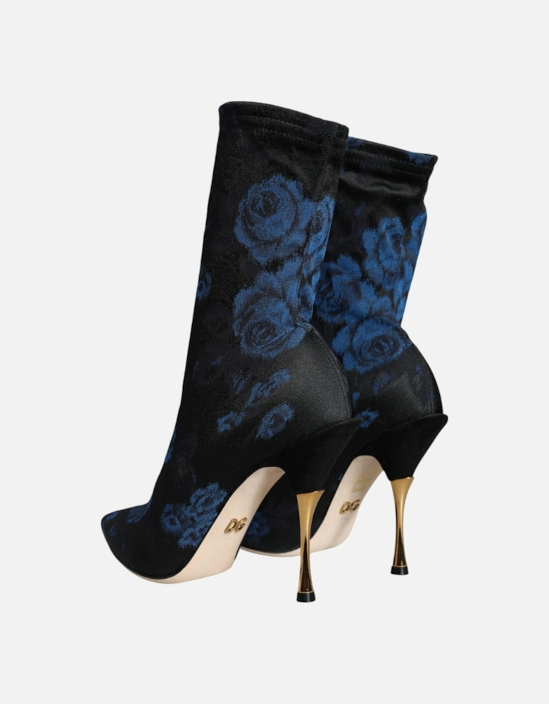 Floral Print Mid Calf Stiletto Boots Women - Black And Blue