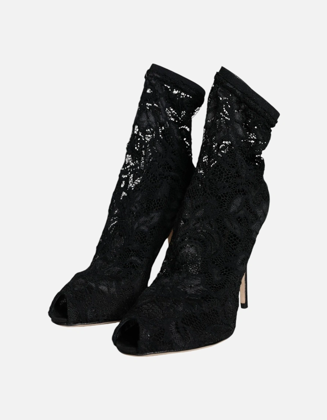 Black Lace Stretch Heels Mid Calf Boot Shoes Women Sandals