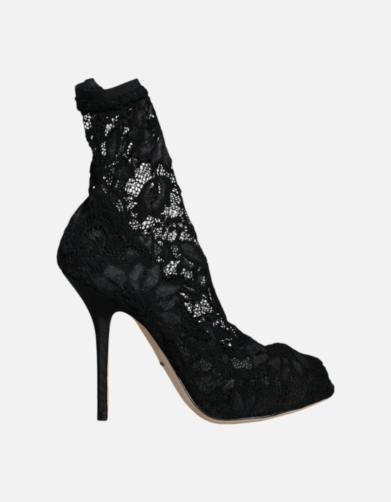 Black Lace Stretch Heels Mid Calf Boot Shoes Women Sandals