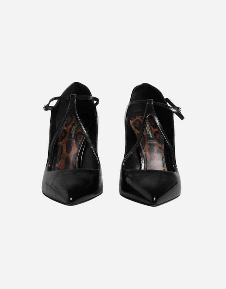 T-Strap Calf Leather Heels Sandals Women - Black Pumps