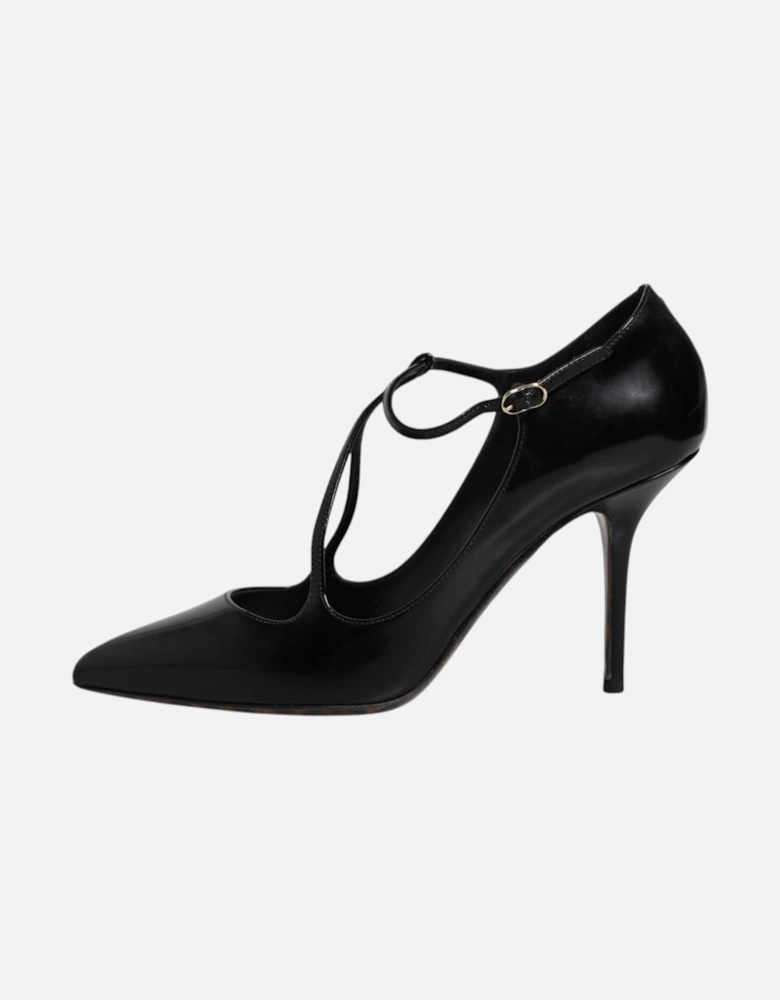 T-Strap Calf Leather Heels Sandals Women - Black Pumps