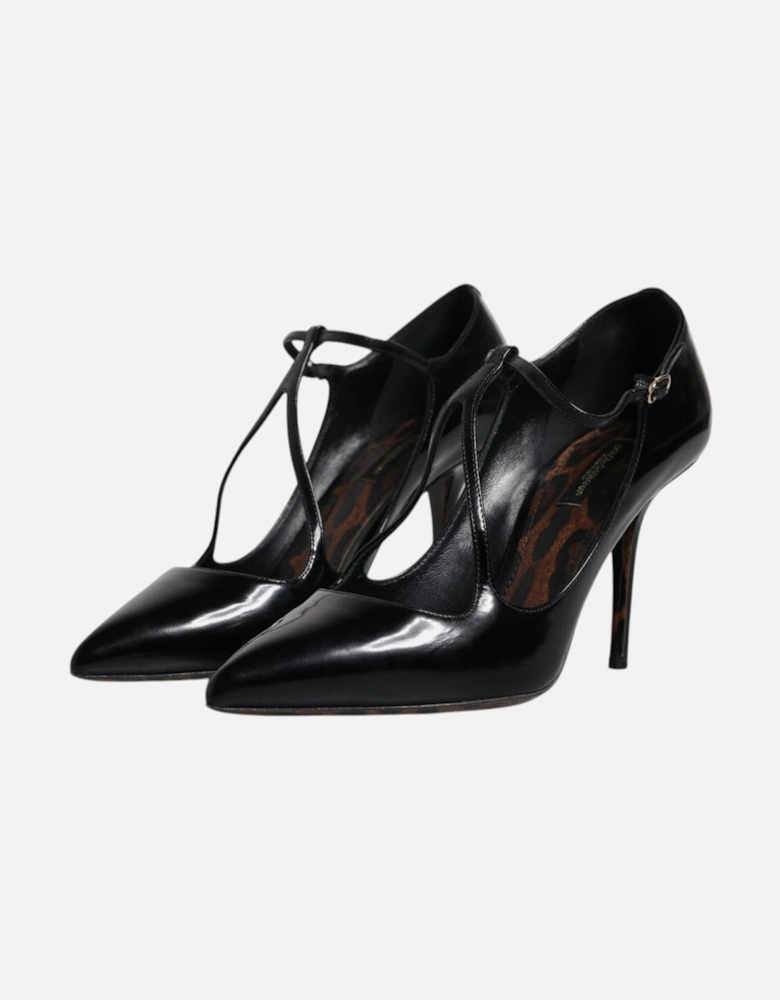 T-Strap Calf Leather Heels Sandals Women - Black Pumps