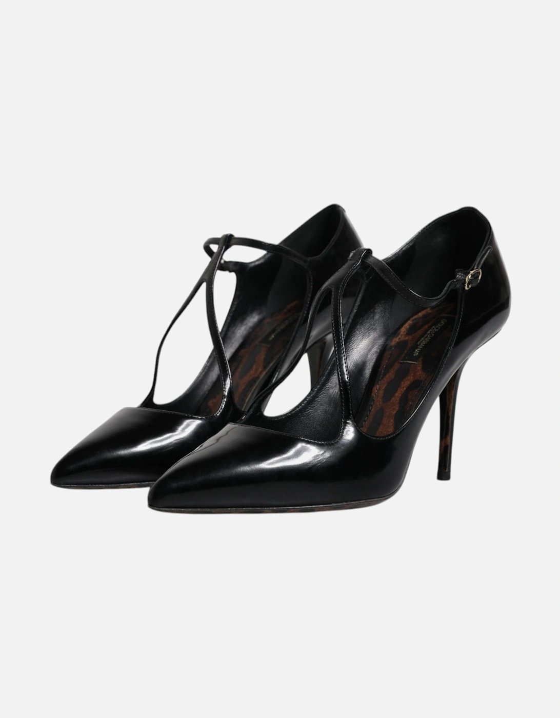 T-Strap Calf Leather Heels Sandals Women - Black Pumps