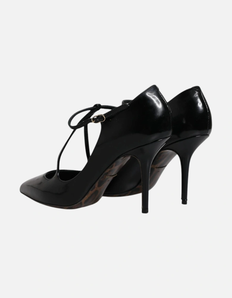T-Strap Calf Leather Heels Sandals Women - Black Pumps