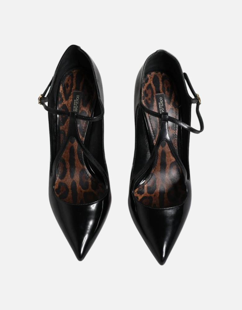 T-Strap Calf Leather Heels Sandals Women - Black Pumps