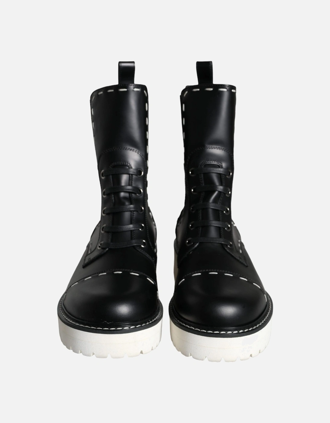 Black Leather Combat Mid Calf Boots Shoes Women - Black And White