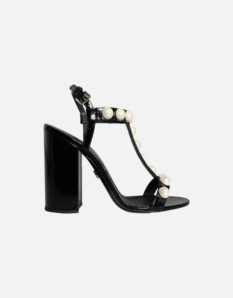 Black Leather Pearls T-strap Sandals Shoes Women