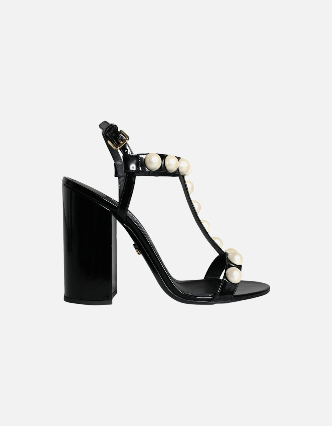 Black Leather Pearls T-strap Sandals Shoes Women, 7 of 6