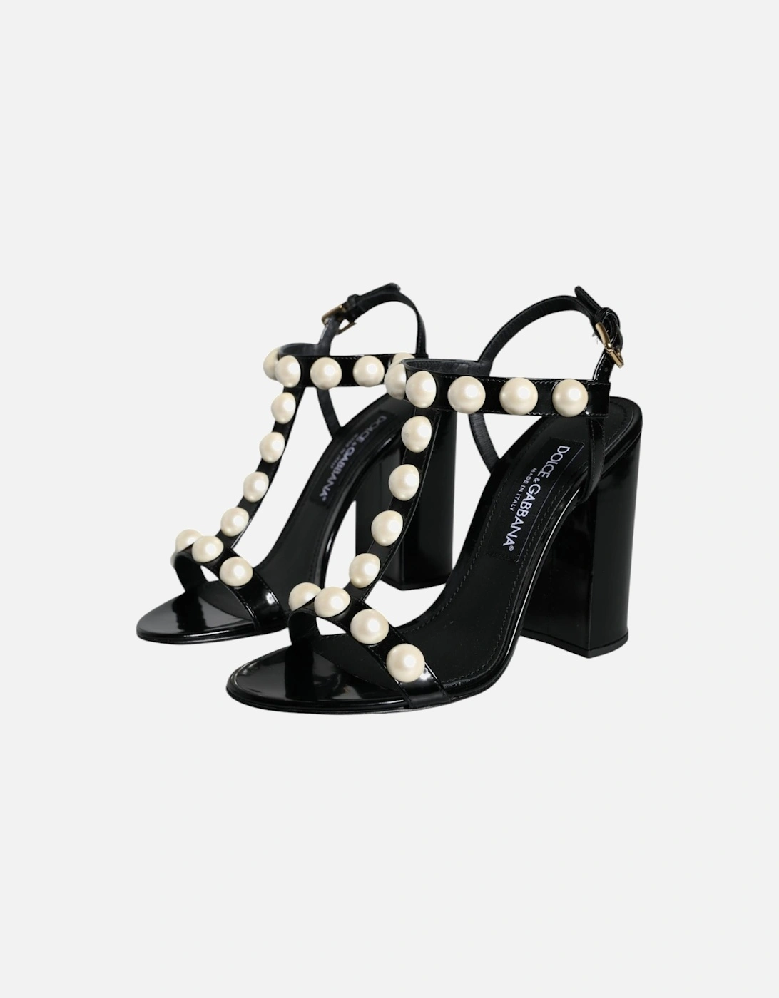 Black Leather Pearls T-strap Sandals Shoes Women