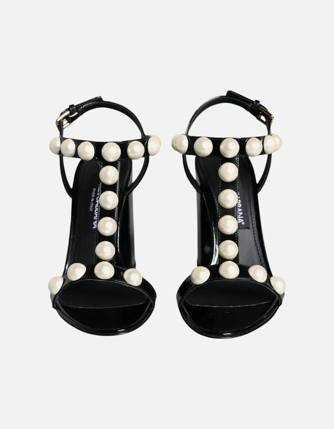 Black Leather Pearls T-strap Sandals Shoes Women