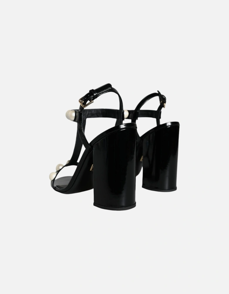 Black Leather Pearls T-strap Sandals Shoes Women