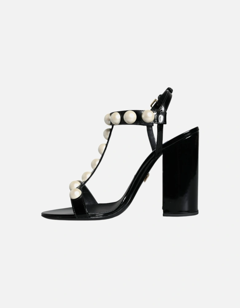 Black Leather Pearls T-strap Sandals Shoes Women