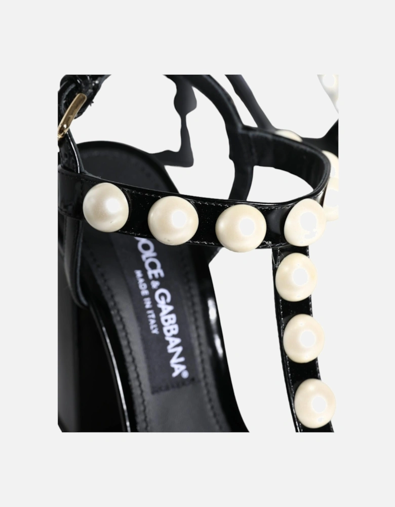 Black Leather Pearls T-strap Sandals Shoes Women