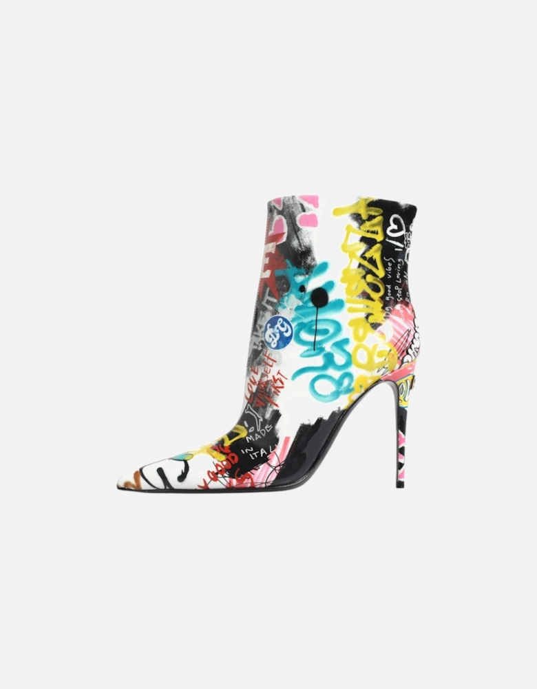 Graffiti Print Lamb Leather Mid Calf Boots Women - Multicolor