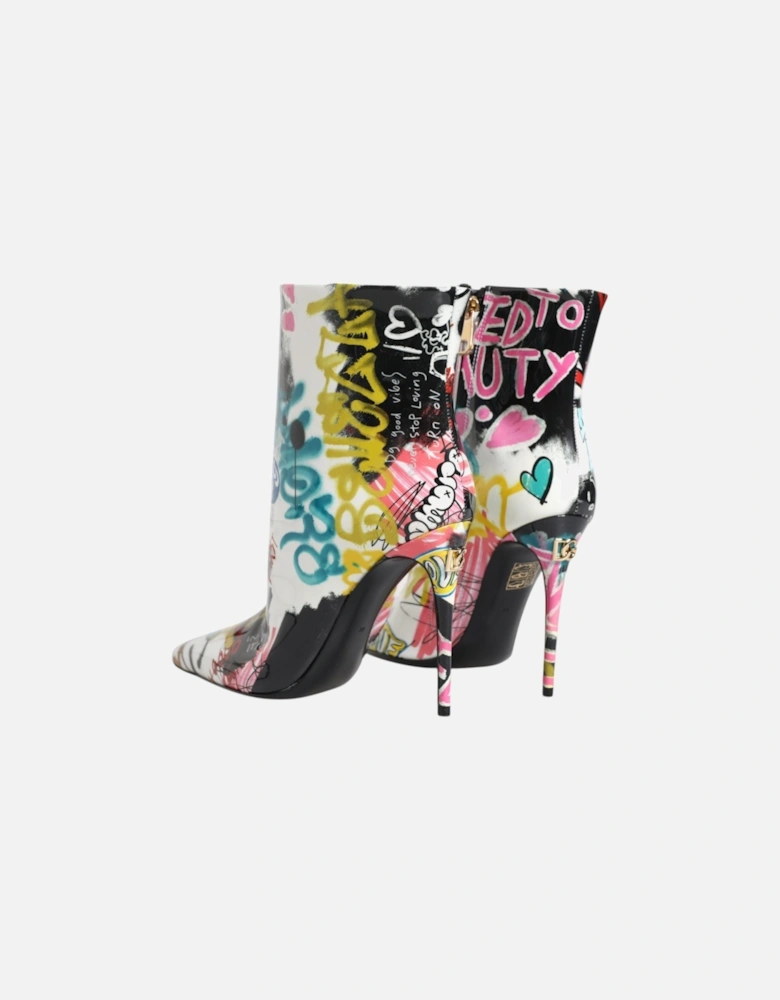 Graffiti Print Lamb Leather Mid Calf Boots Women - Multicolor