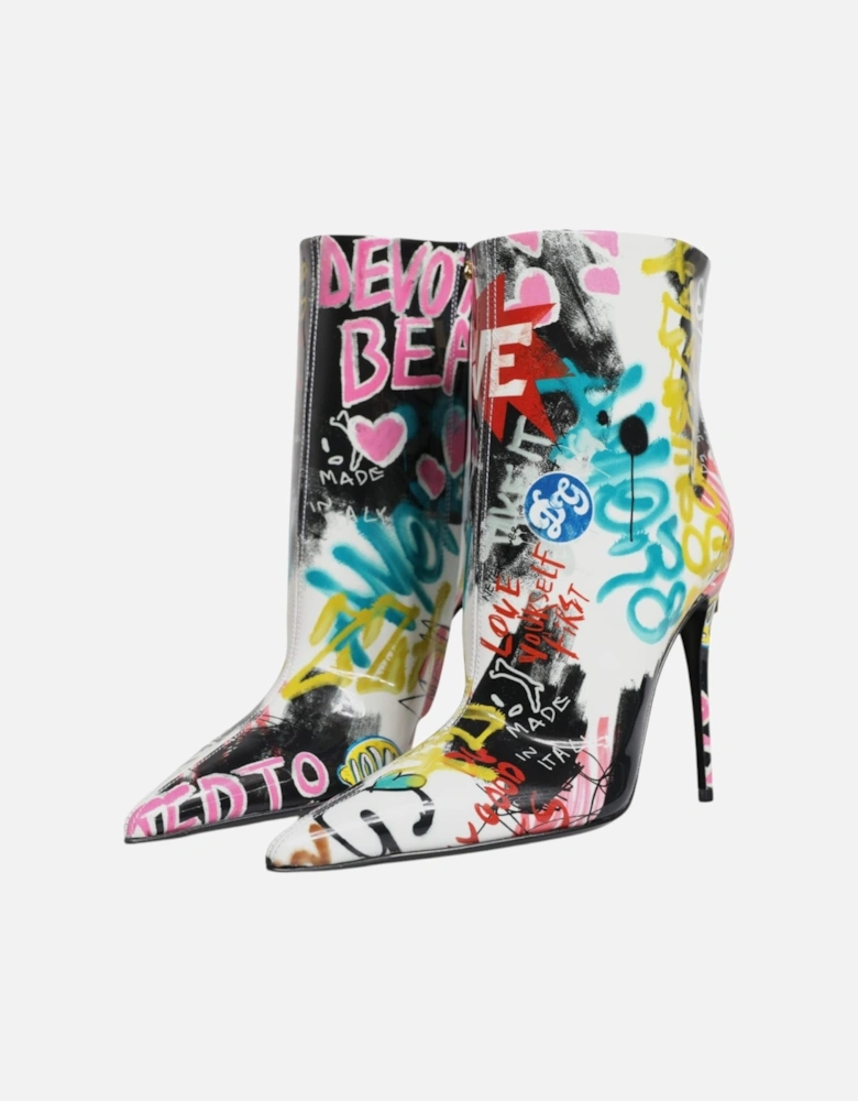 Graffiti Print Lamb Leather Mid Calf Boots Women - Multicolor