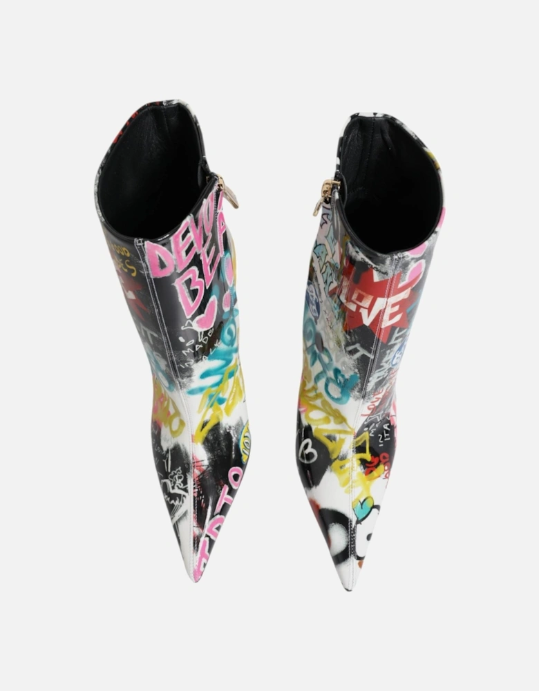 Graffiti Print Lamb Leather Mid Calf Boots Women - Multicolor