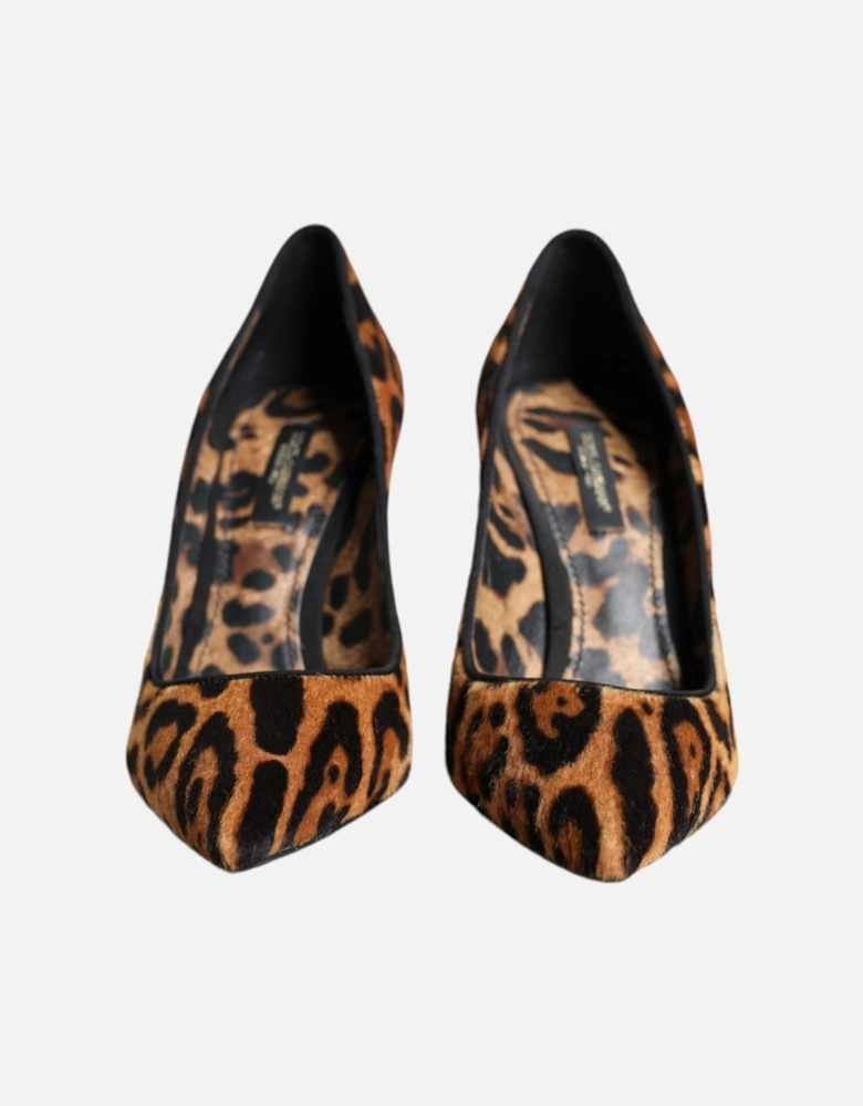 Brown Leopard Calf Hair Heels Pumps Shoes Women