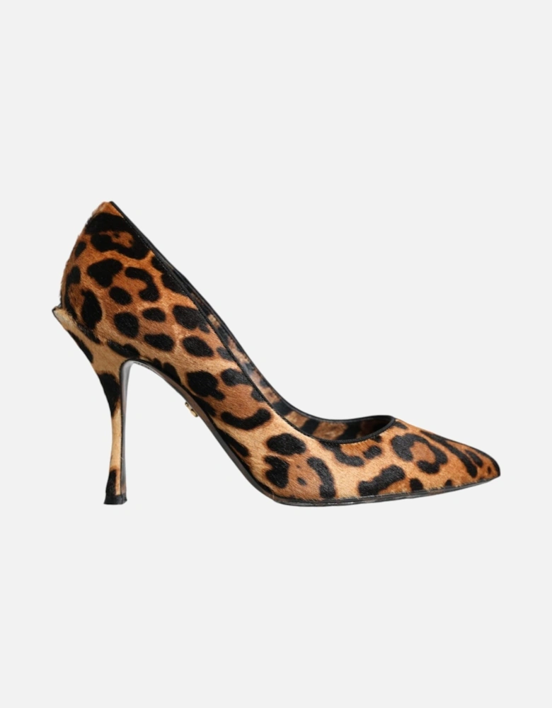 Brown Leopard Calf Hair Heels Pumps Shoes Women