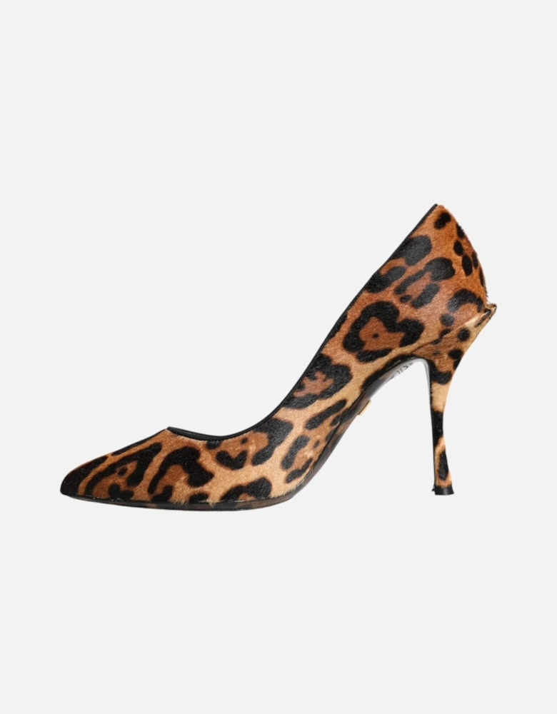 Brown Leopard Calf Hair Heels Pumps Shoes Women