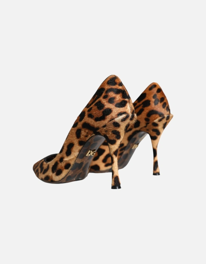 Brown Leopard Calf Hair Heels Pumps Shoes Women