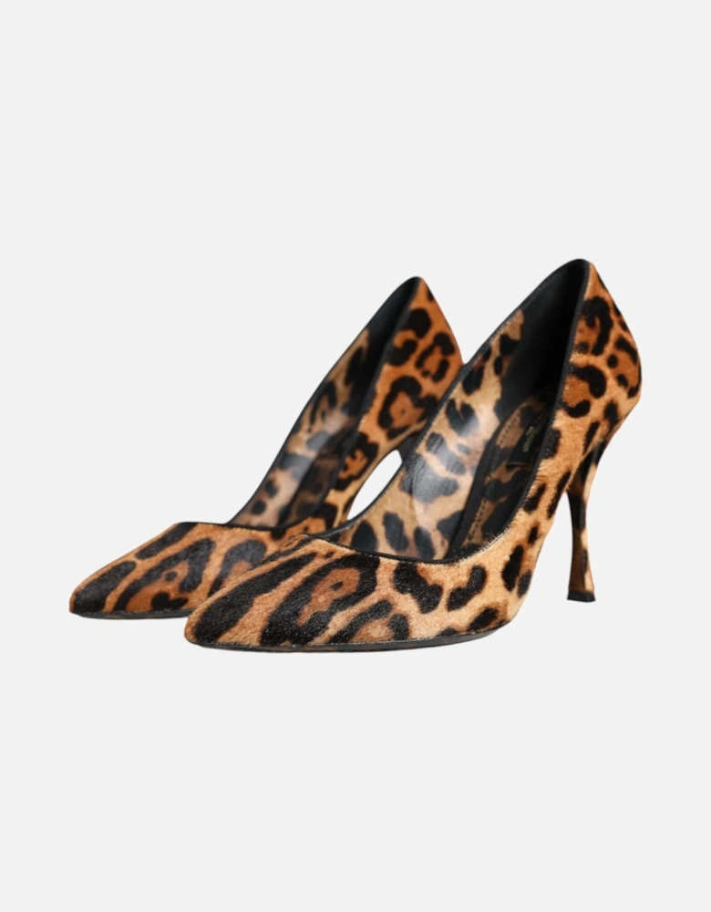 Brown Leopard Calf Hair Heels Pumps Shoes Women