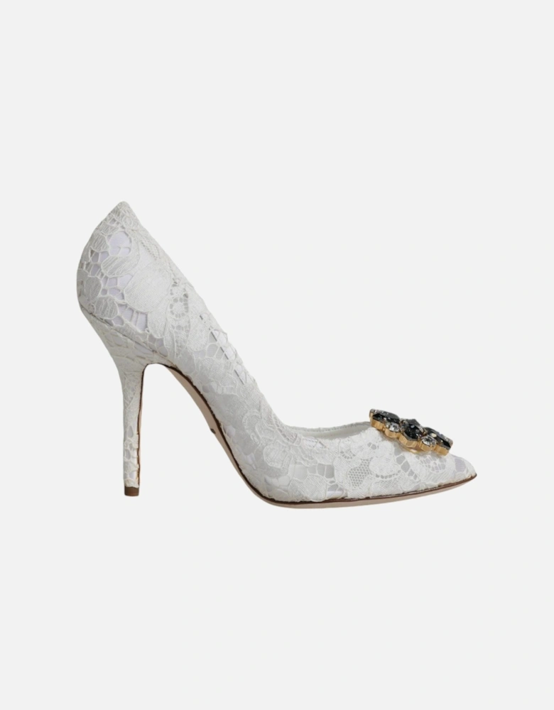 White Taormina Lace Crystal Heel Pumps Shoes Women