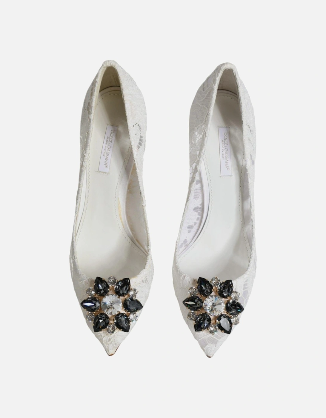 White Taormina Lace Crystal Heel Pumps Shoes Women