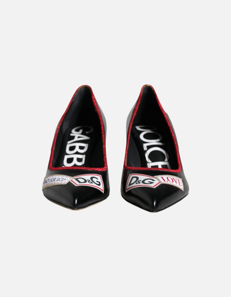 Black Leather Logo Print Heels Pumps Shoes Women