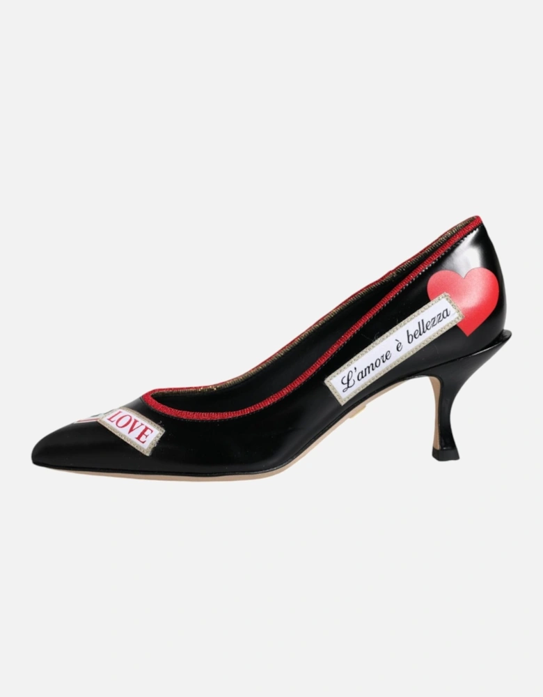 Black Leather Logo Print Heels Pumps Shoes Women