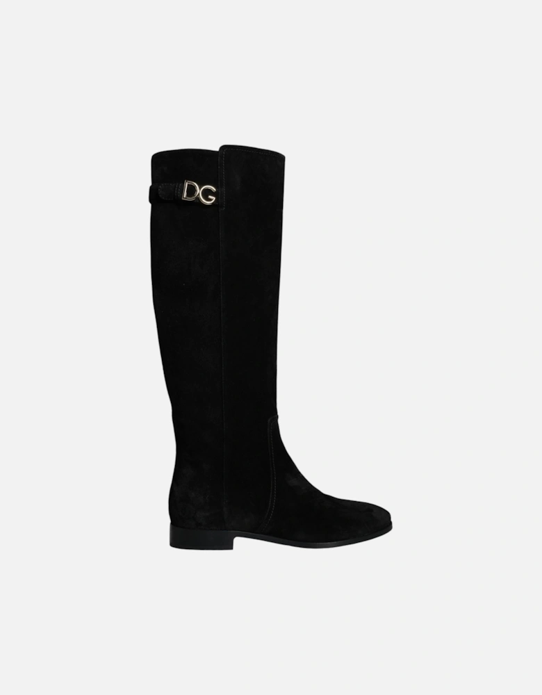 Suede Knee High Flat Boots Women - Black