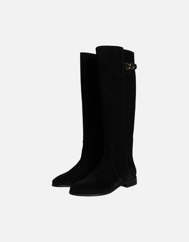 Suede Knee High Flat Boots Women - Black