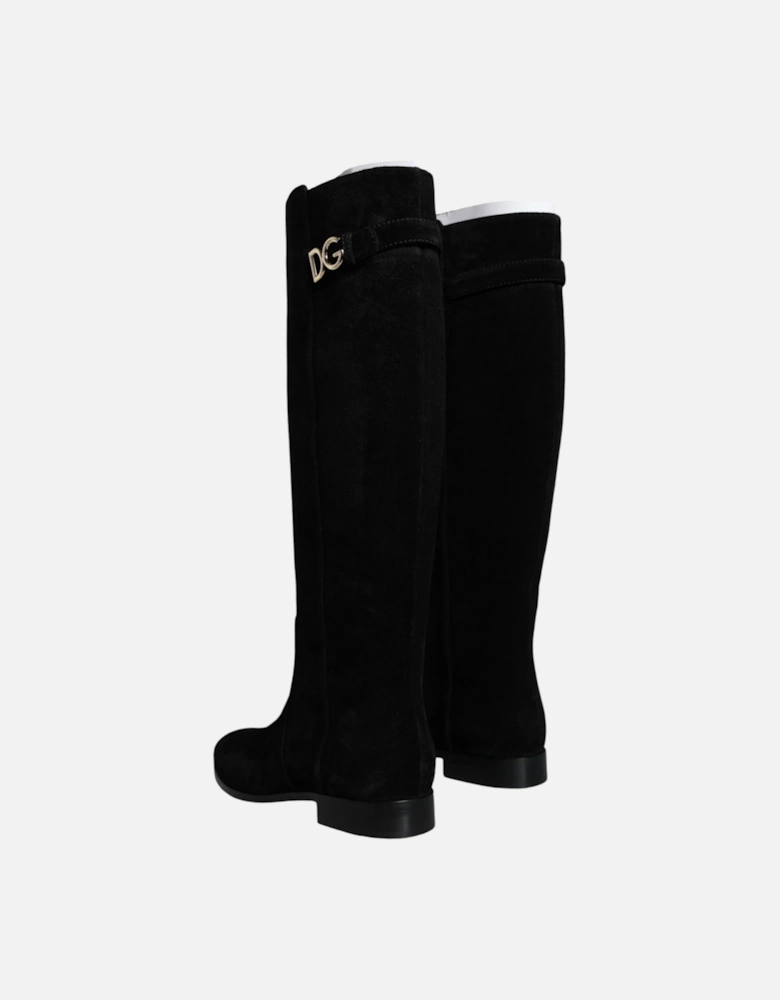 Suede Knee High Flat Boots Women - Black
