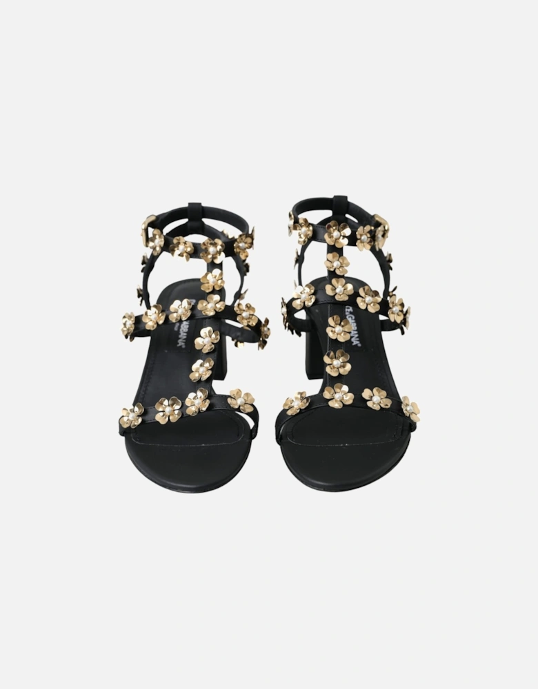 Black Leather Embellished Heel Sandal Shoes Women